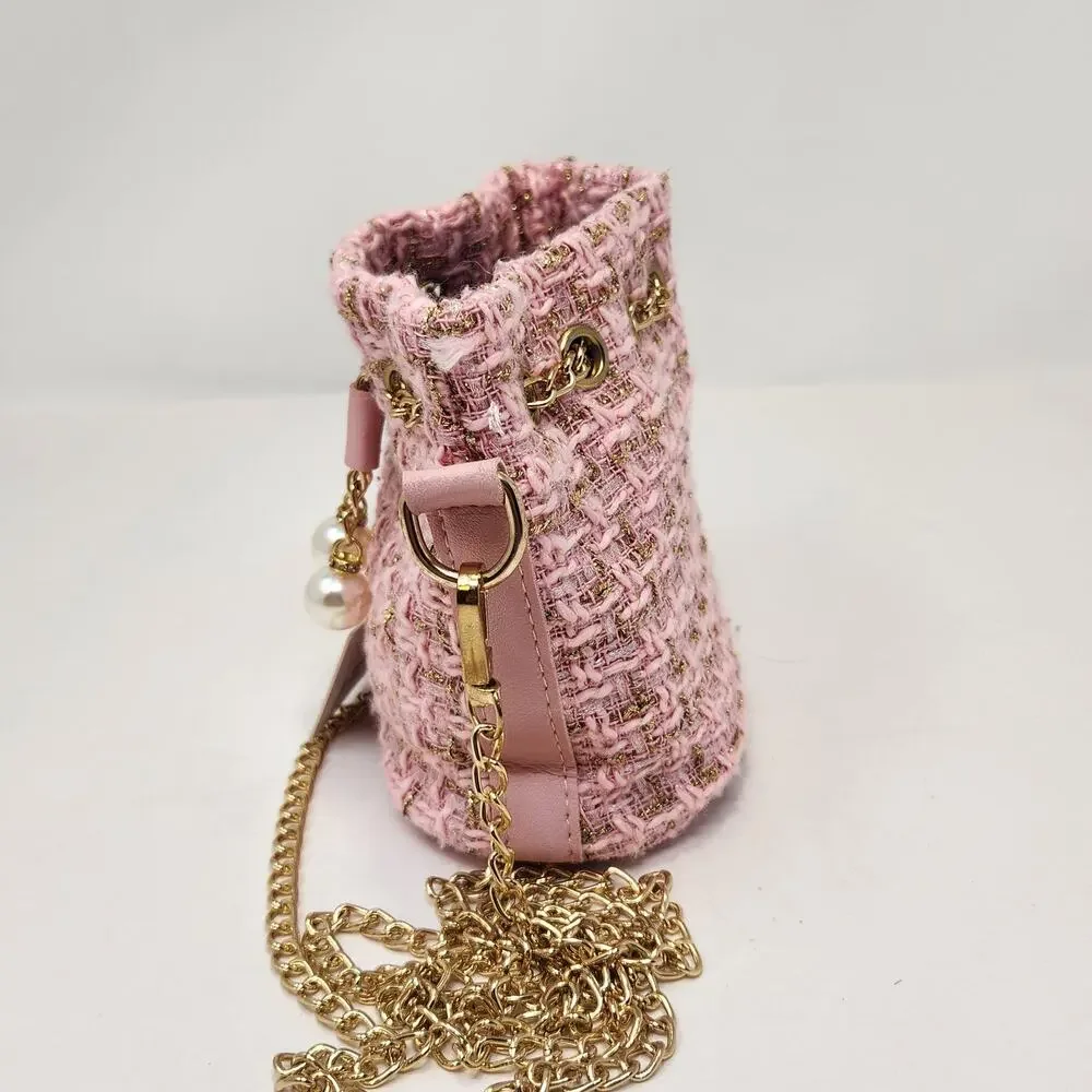 Tiny Treats by Zomi Gems Pink Gold Tweed Girls Bucket Bag Crossbody Faux Pearls